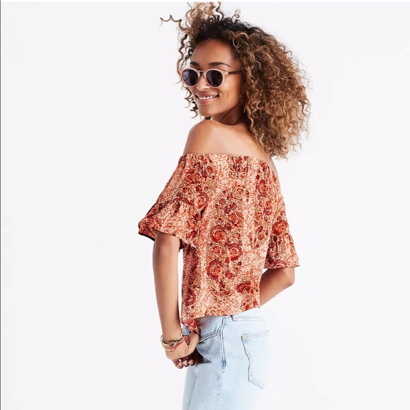 Madewell Top Boho Silk Blouse Floral Paisley Off Shoulder Large Summer Fall - Picture 2 of 6